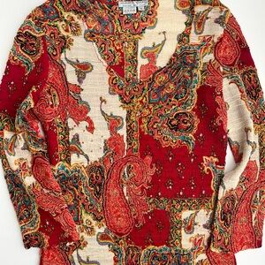 Alberto Makali Y2K Top Shirt V Neck Red Gold Paisley Sequins 3/4 Sleeve Small